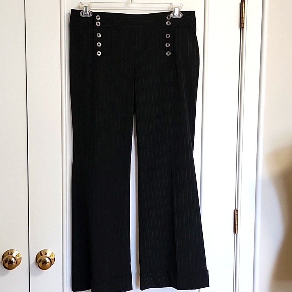 Navy pinstripe wide leg womens trousers